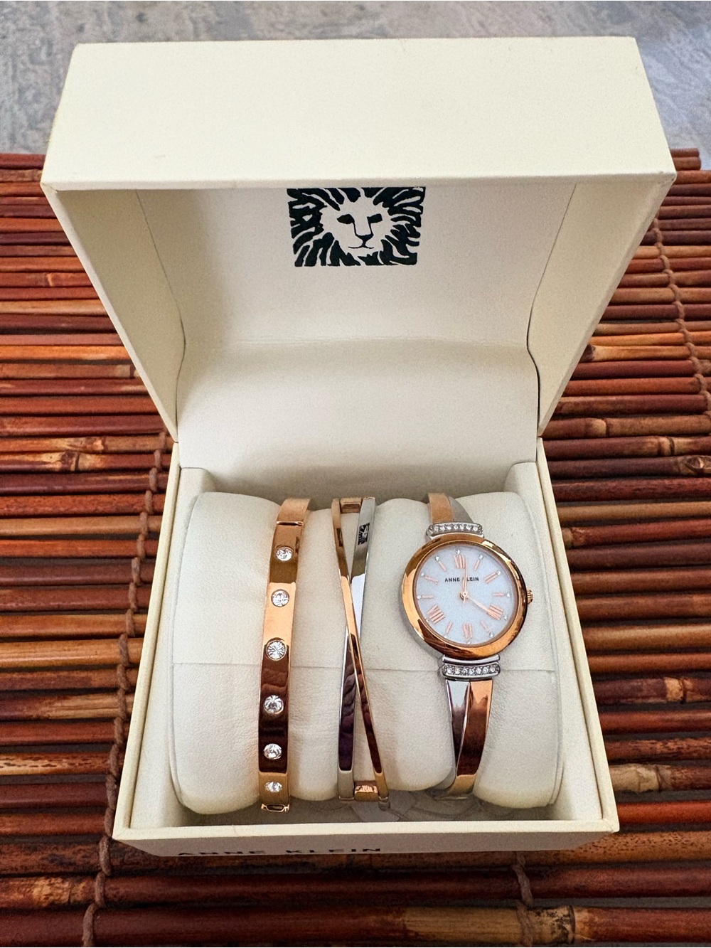 Anne Klein Rose Gold and Silver Two-Tone Watch with Crystal Accent Bangles NIB